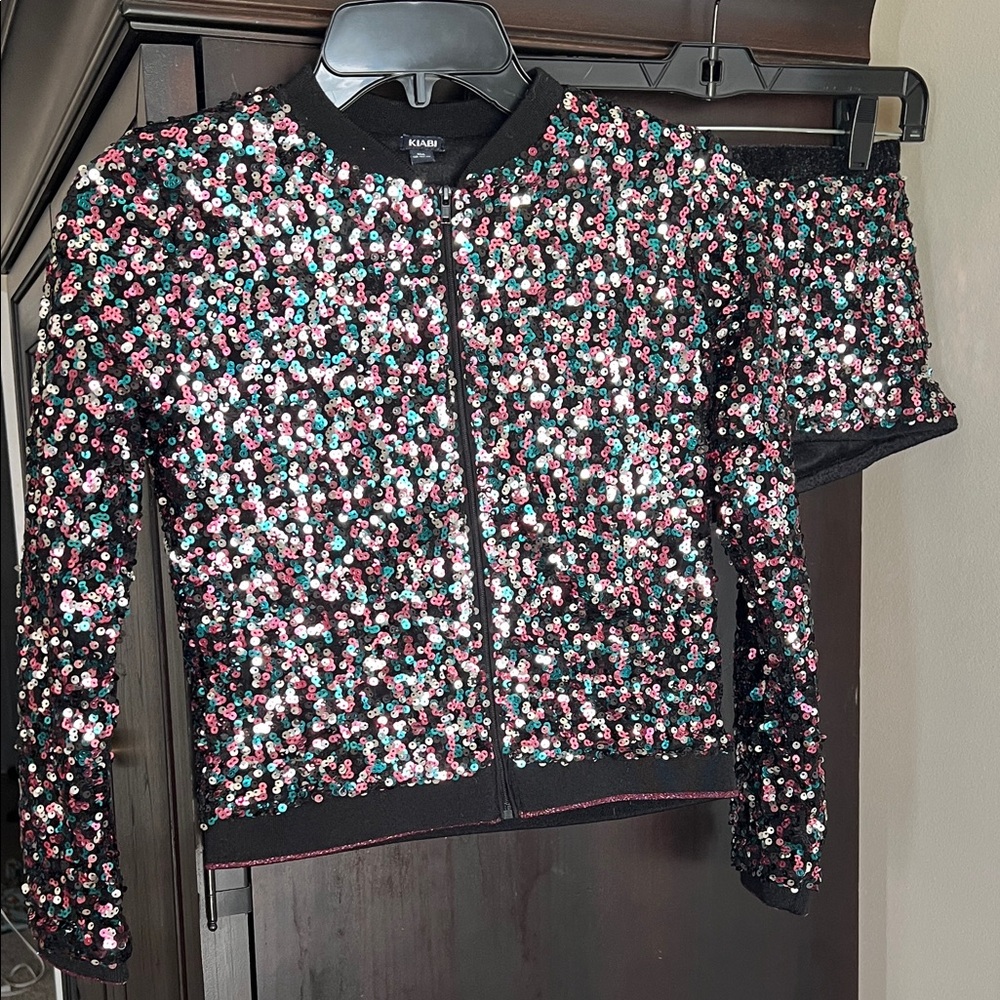 Sparkling Kids Sequin Jacket and Skirt Set - Black and Multicolor